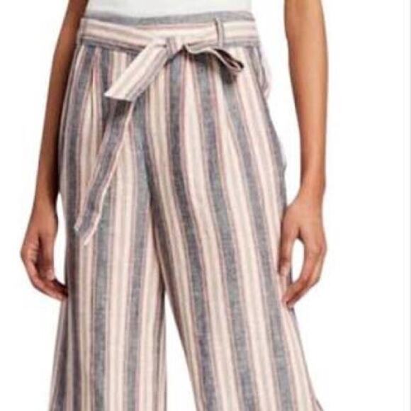 FRAME 100% Linen Wide Leg Striped Cropped Belted Pants Sz 6 - Picture 3 of 7